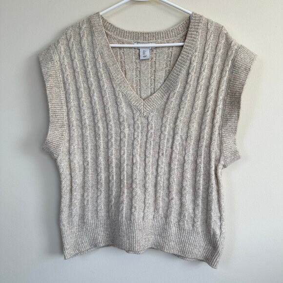 Cupcakes and Cashmere Cable Knit Sweater Best V-Neck Neutral Pullover LARGE - Picture 1 of 10